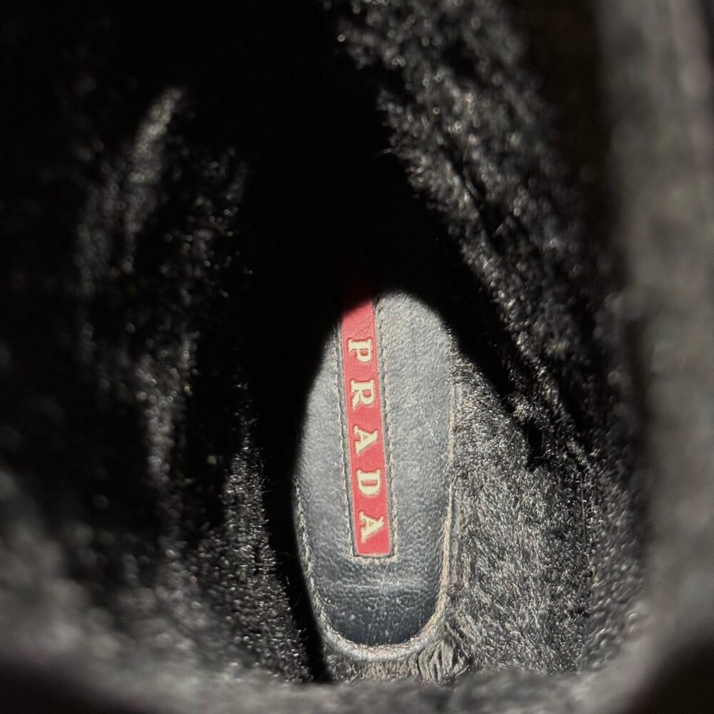 Prada Black Enamel Triangle Mid-Calf Rain Boots - Picture 13 of 14